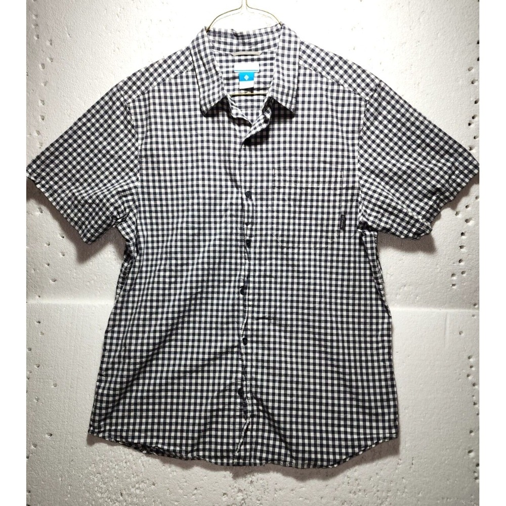 Columbia Shirt Men Large Gray White Buffalo Plaid Short Sleeve Button Up Casual